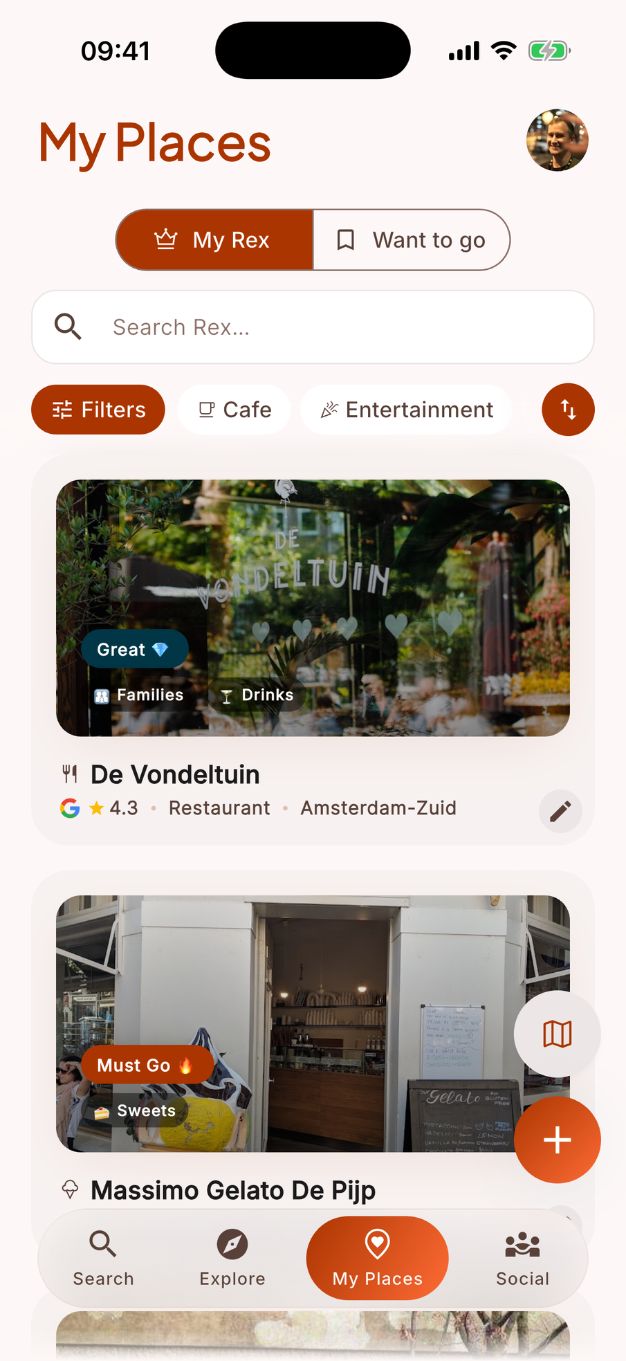 The My Places list of your own recommendations