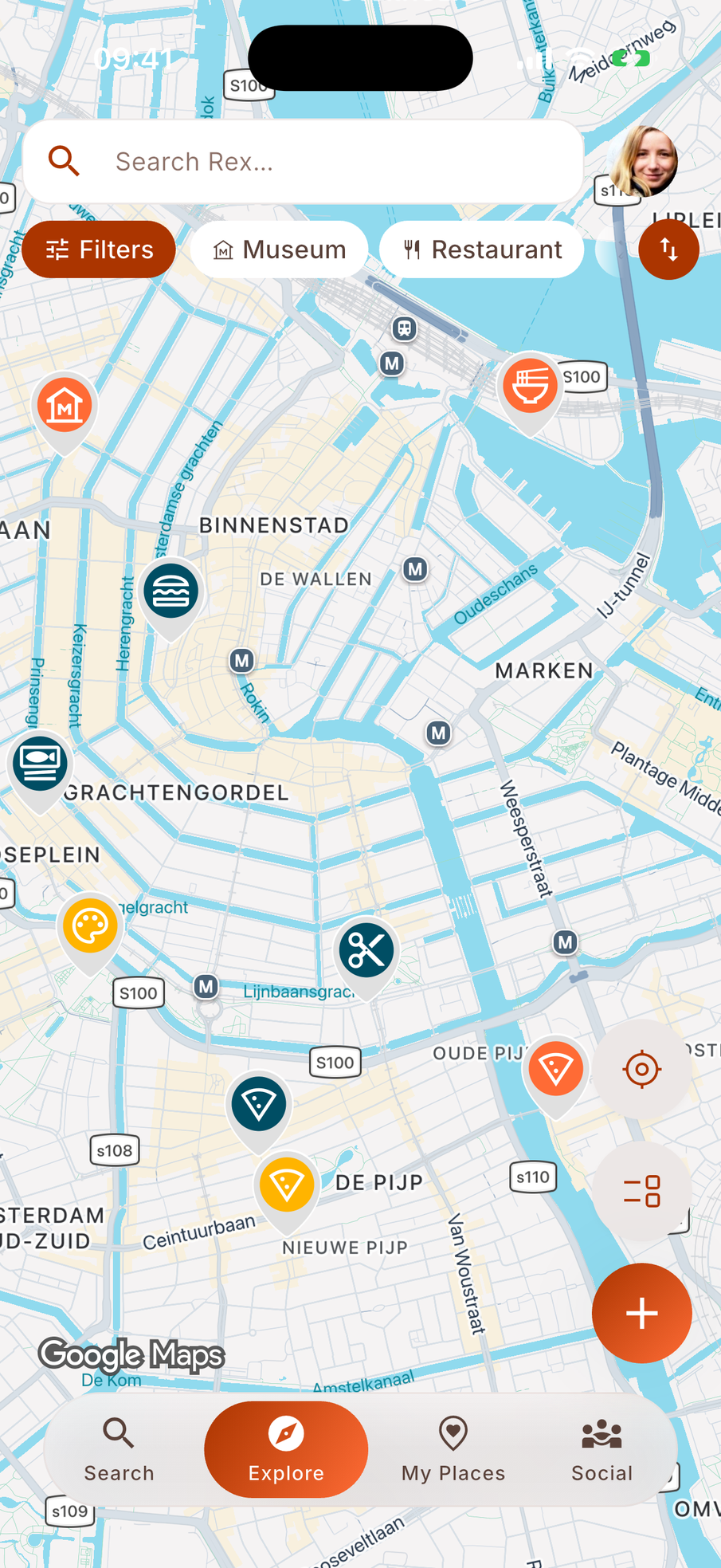 Friends' recommendations shown as pins on a map